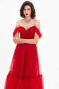 Robe de Soirée En Tulle Rouge à Épaules Découverte