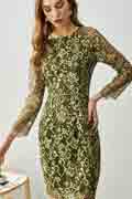 Green Round Long Sleeves Lace Appliques Party Dress / Day Wear
