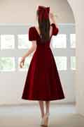 Velvet Vintage Wine Red Engagement Party Dress