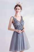 Grau V-Schnit Pailletten Tüll Party Cocktailkleid