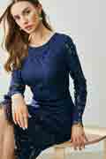 Blue Round Neckline Long Sleeves Lace Appliques Day/ Party Dress