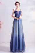 Blue Spaghetti Straps Shiny Tulle Evening Prom Dress