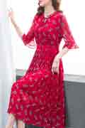 New Red Floral Print Mid Sleeves Summer Holiday Chiffon Dress