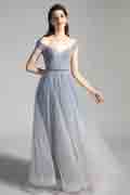 Grey OFF Shoulder Pleated Shiny Party Evening Dress