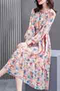 New Pink Floral Printed Chiffon Party Holiday Casual Dress