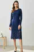 Blue Round Neckline Long Sleeves Lace Appliques Day/ Party Dress