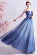 Blue Spaghetti Straps Shiny Tulle Evening Prom Dress