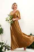A-Line Velvet V-Neck Short Sleeve Floor-Length Bridesmaid Dress for Wedding Party