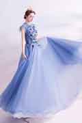 New Blue High Neck Embroidery Party Evening Dress