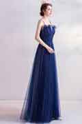 Blue Spaghetti Straps Shiny Tulle Evening Prom Dress