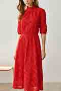 Red High Neck Half Sleeves Tea Length Daydress / Partydress