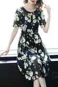 Women Black White Floral Printed Party Summer Holiday Silk Dress