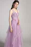 Purple V-cut Straps Lace Tulle Ball Evening Dress