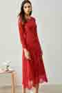 Red Round Neck Longe Sleeves Lace Dress Day Wear