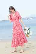 Women Floral Maxi Dress Short Sleeves Print Summer Beach Party Dress