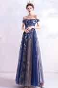Blue Sexy OFF Shoulder Embroidery Tulle Party Evening Gown