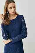 Blue Round Neckline Long Sleeves Lace Appliques Day/ Party Dress