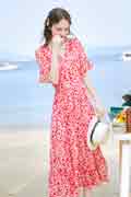 Women Floral Maxi Dress Short Sleeves Print Summer Beach Party Dress