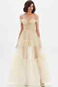 Beige OFF Shoulder Lace Tulle Long Evening Party Dress