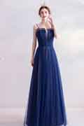 Blue Spaghetti Straps Shiny Tulle Evening Prom Dress
