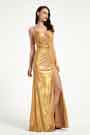 Shiny Gold-Yellow Pleated Elegant Party Evening Dress