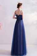 Blue Spaghetti Straps Shiny Tulle Evening Prom Dress