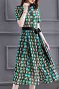 New Women Green UP-Collar Printed Floral Party Summer Dress
