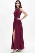 Burgundy Lace Appliques Chiffon Bridesmaid Dress