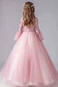 Pink Lace Tulle Trumpet Sleeves Flowergir Dress