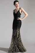 New V-Cut Gradient Black-Gold Shiny Party Evening Dress