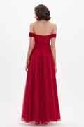 Red OFF Shoulder Polyester Boned Sheer Shiny Tulle Dress