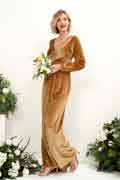 Robe demoiselle d’honneur à taille impériale en velours avec col en V, manches longues et longueur au sol pour mariage