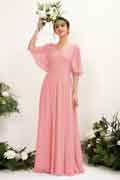 A‑Linien Chiffon V‑Ausschnitt 1/2 Ärmel bodenlanges Brautjungfernkleid für Hochzeiten