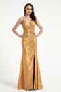 Shiny Gold-Yellow Pleated Elegant Party Evening Dress
