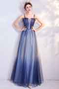 Blue Spaghetti Straps Shiny Tulle Evening Prom Dress