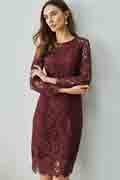 Burgundy Round Neckline Long Sleeves Lace Partydress / Daywear