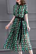 New Women Green UP-Collar Printed Floral Party Summer Dress
