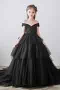 New Black Off Shoulder Lace Applique Cake Flower Girl Dress