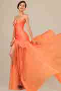 Best Selling Orange Chiffon Ruched bodice Evening Dress