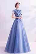 New Blue High Neck Embroidery Party Evening Dress