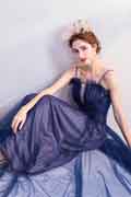 Blue Spaghetti Straps Shiny Tulle Evening Prom Dress