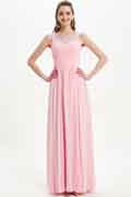 Pink Illusion Lace Neckline Long Elegant Bridesmaid Dresss