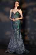 Spaghetti V-Cut Open Back Shiny Sequins Evening Dress
