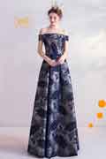 Blue Print Off Shoulder Empire Party Prom Evening Dress