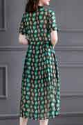 New Women Green UP-Collar Printed Floral Party Summer Dress