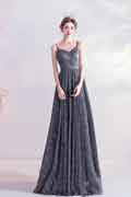 Gris Spaghetti Paillettes Robe de Soirée Longue