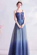 Blue Spaghetti Straps Shiny Tulle Evening Prom Dress