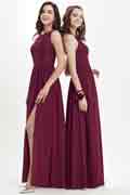 Burgundy Lace Appliques Chiffon Bridesmaid Dress