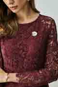 Burgundy Round Neckline Long Sleeves Lace Partydress / Daywear
