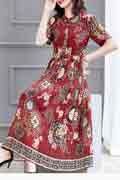 New Burgundy Floral Printed Short Sleeves Party Maxi Dress